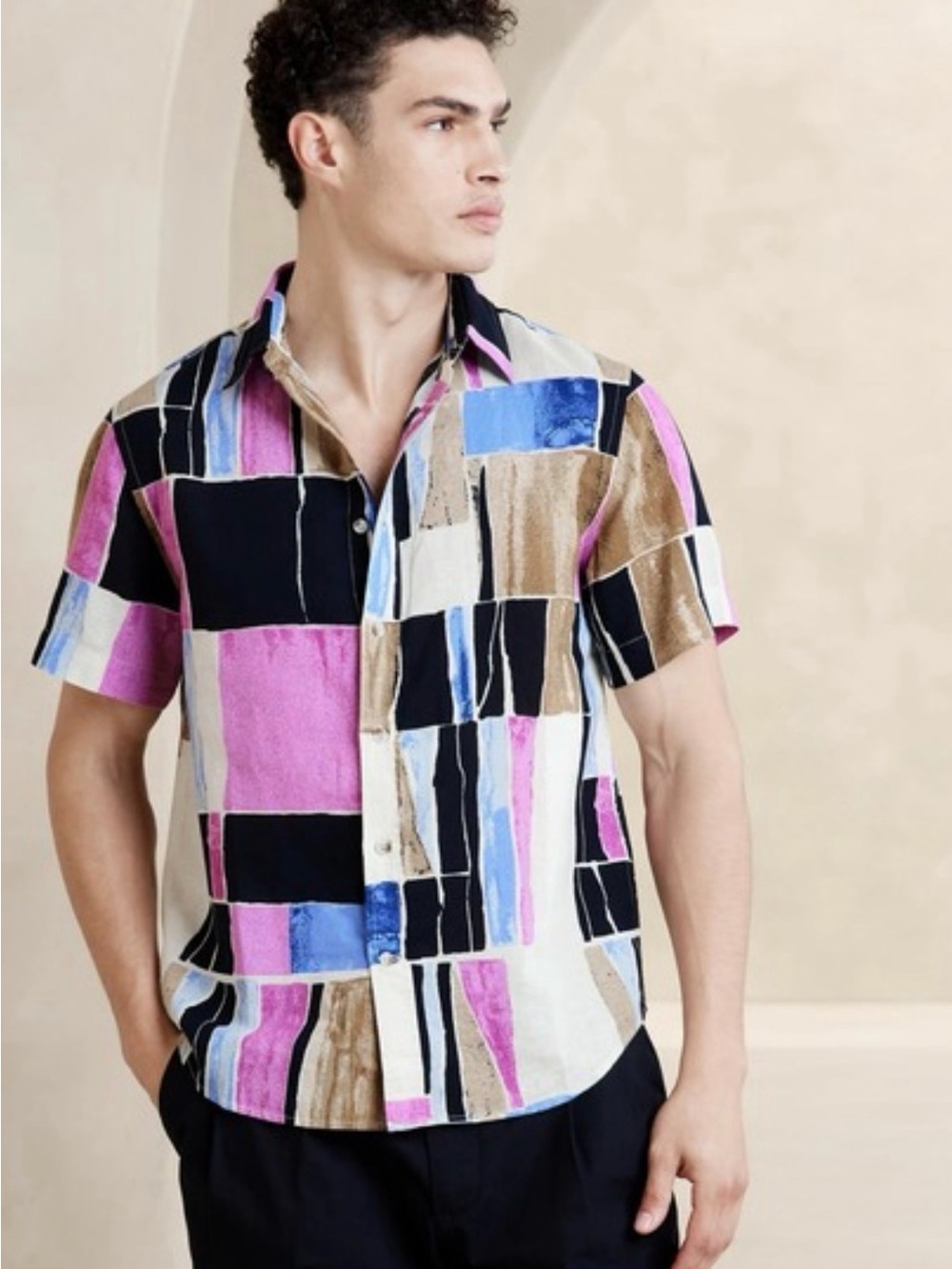 Banana Republic Men XXL Linen Blend Slim Fit Multicolor Abstract Button Shirt - Picture 7 of 7